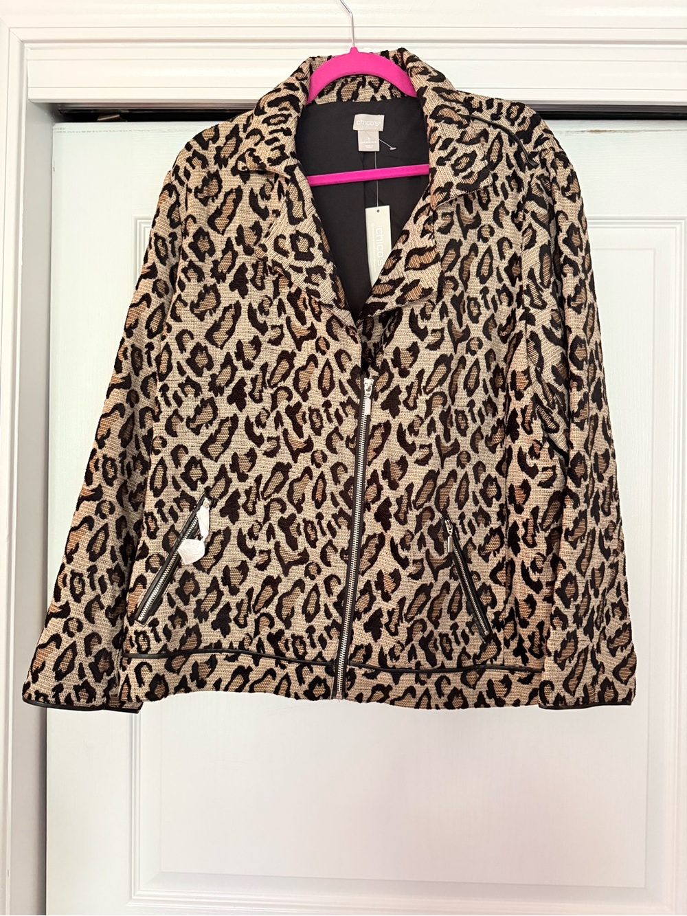 NWT Chico’s Moto Jacket With Leather Detail Animal Print Zip-Front